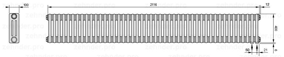 Схема (чертеж) Радиатор Zehnder Charleston 3040/46 №5510 Белый глянцевый RAL 9016